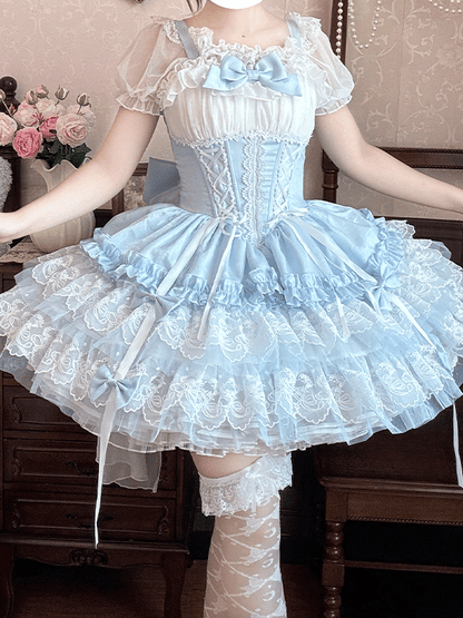 Mehrlagiger großer Balletcore-Schnürrock mit entbeinter Taille, süßer Lolita-Pullover, Schleppe, Schleifenrock, blau-weiß mit Saumspitze und