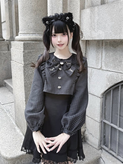 Black with Jirai Dress Square Houndstooth Waist Two-Piece Design Sleeve Buckles Long Faux and Kei