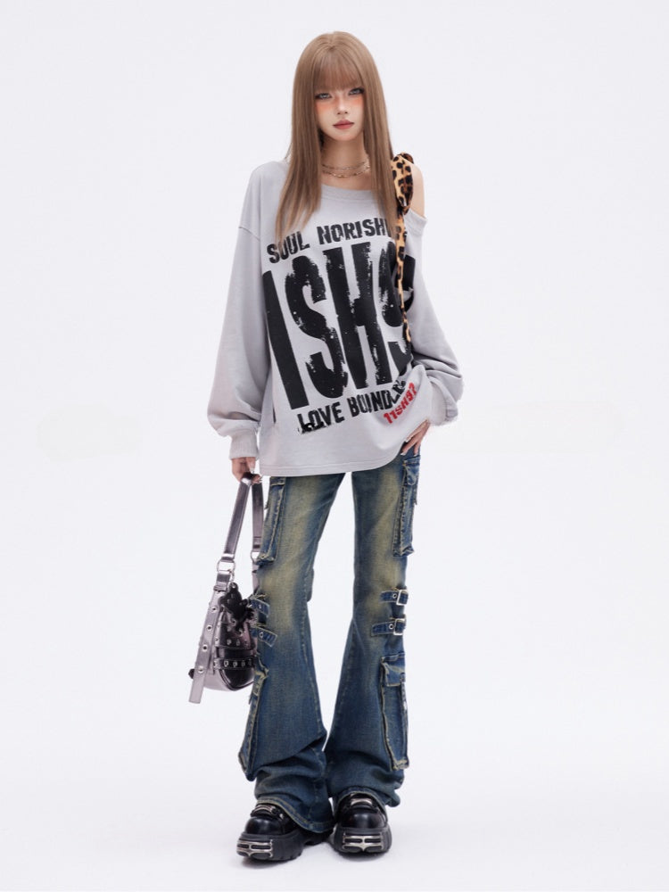 Gray Asymmetrical Neckline Leopard Glamorous Sweatshirt Letter Print Strap