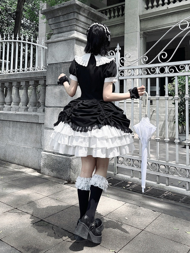 und asymmetrisches Kleid Schwarz Lolita Peter Pan Weißer Rock Stufen Gothic Ärmel Kragen Kurz