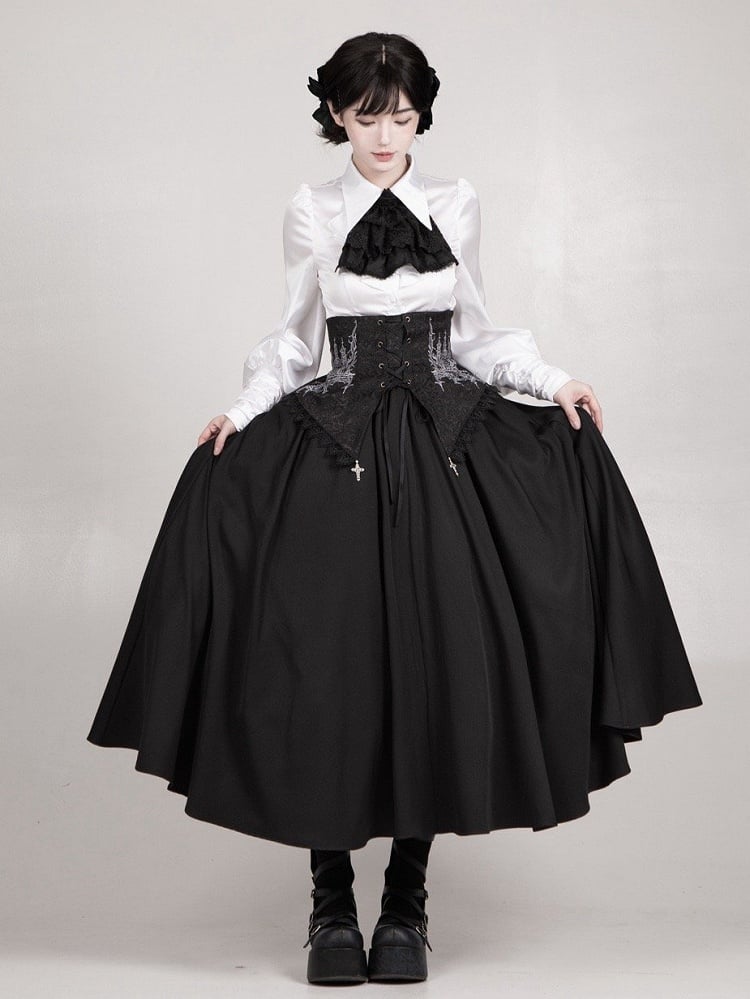 Black Under Bust Boned High Wast Gothic Lolita Skirt with Detachable Straps Long Version
