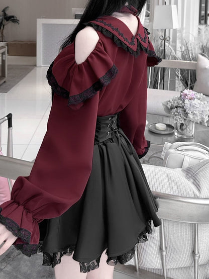 Jirai Kei Peter Pan Collar Cutout Shoulder Contrast Detachable Choker Trim Blouse Black with Wine Red Design Lace