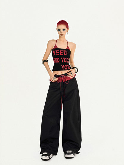 Ruffle Wide-Leg Pants with Red-Black Striped Two-piece Black Faux