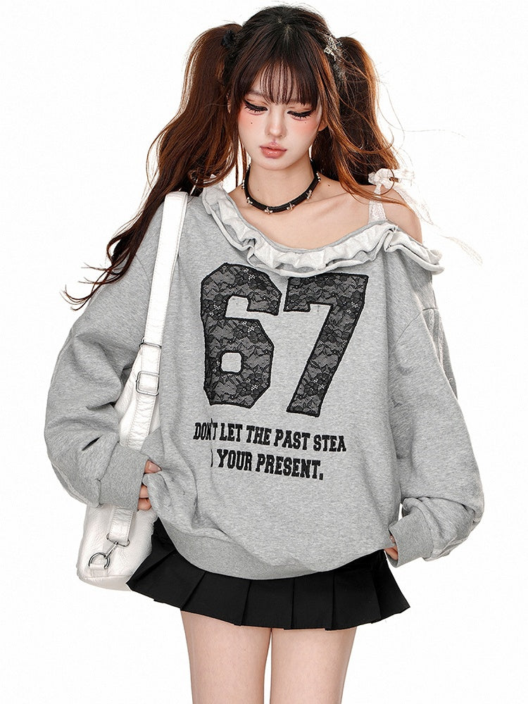 Black/Grey Lace Appliques Asymmetrical Neckline Sweatshirt