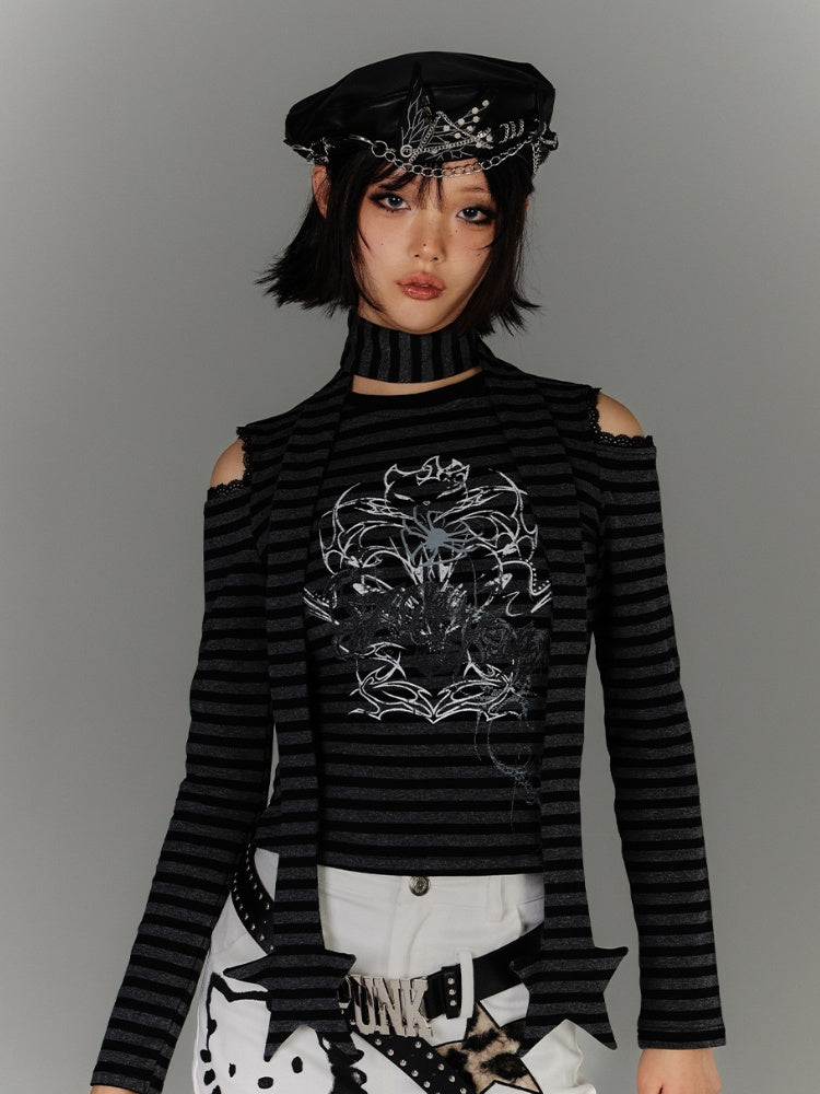 mit Schal Schwarz Grau Gestreift Cutout Schulter Grafik Top Star Punk