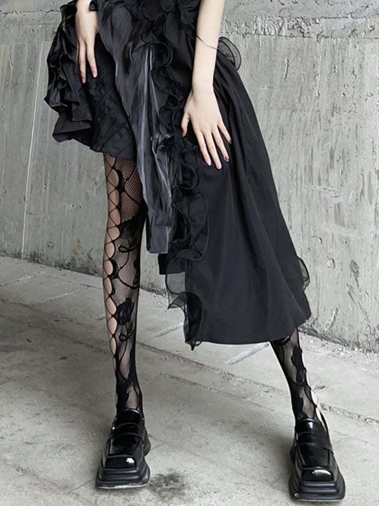 Gothic Black Rosette  Fishnet Tights