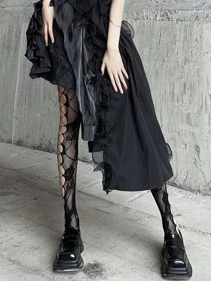 Gothic Black Rosette  Fishnet Tights
