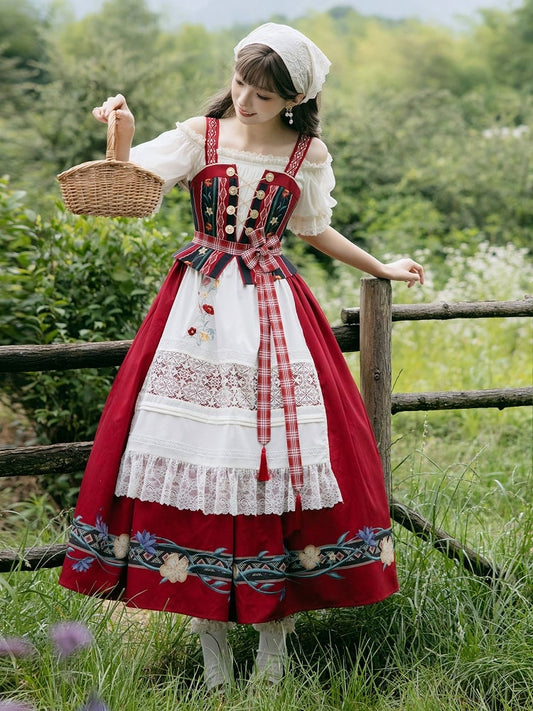 Lolita Country JSK Print Floral Cottagecore Dress Detachable with Apron Red