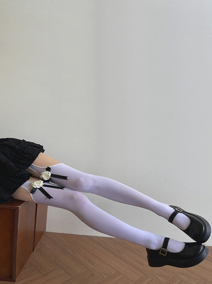 Black/White Tights Suspender Camellia Bowknot
