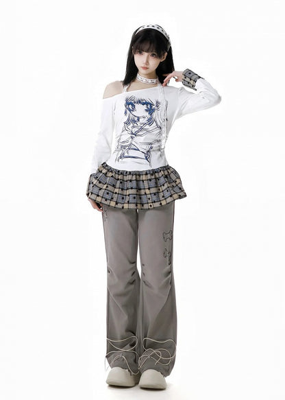 Pants Straight-leg Black/Gray Bittersweet Bone and Star Embroidery Cuffs Drawstring