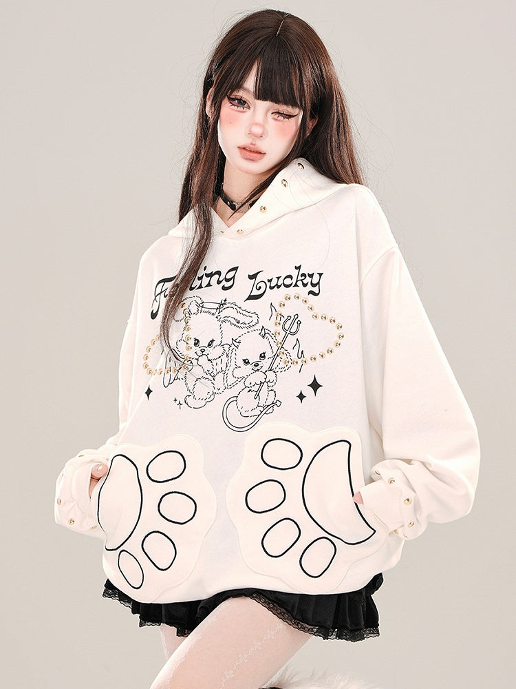 White/Grey Devil Bunnies Print Studs Loose Hoodie