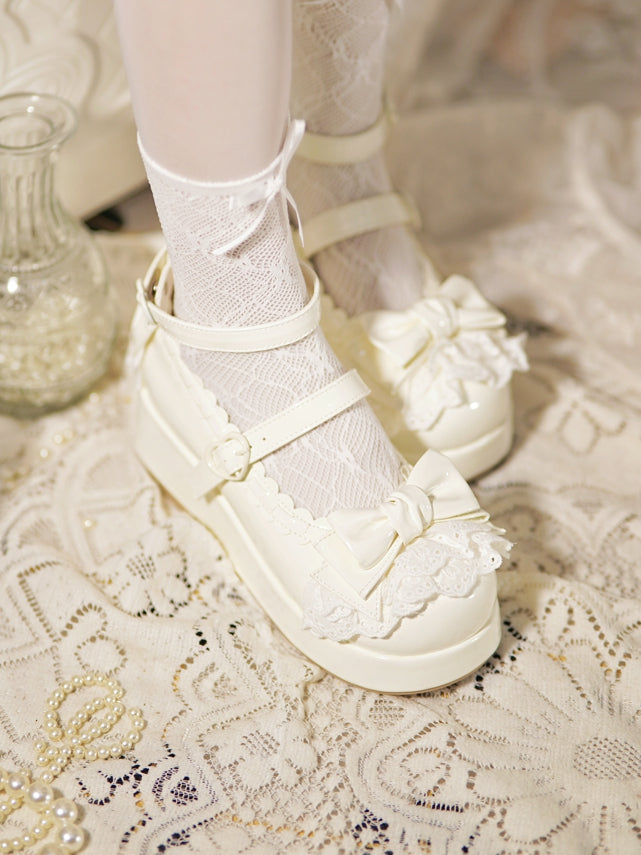 White Bow Milky Buckles at Platforms Lace Trim Top Heart