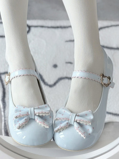 Round Lolita Bow Mary Blue in Jane Toe Polka Shoes 2.5cm Dot Bear PU Sweet with and Embellishment Buckle Charming