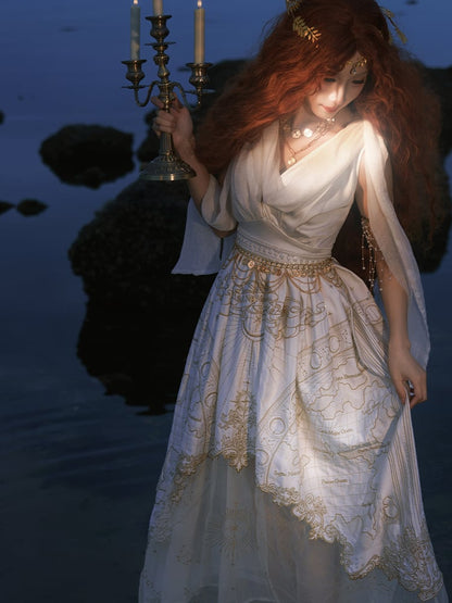 Neckline Greek Style Skirt Cowl Gold Jumper Celestial Map Embroidery White