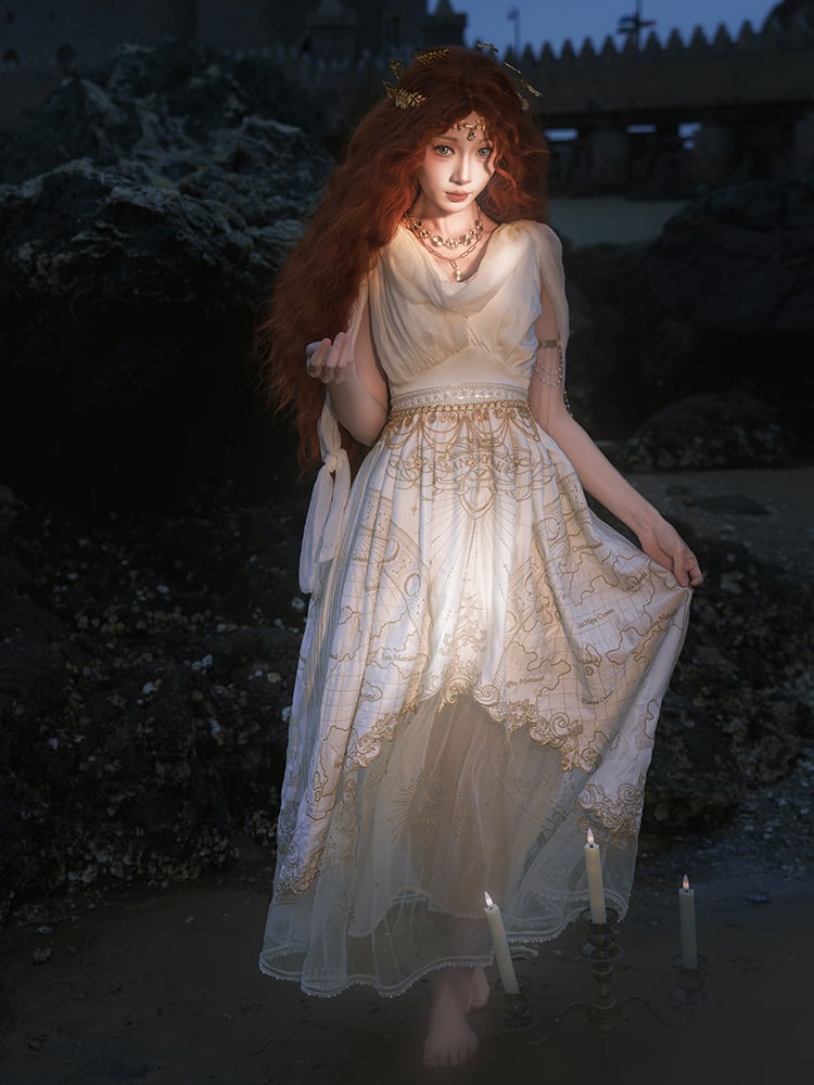 Neckline Greek Style Skirt Cowl Gold Jumper Celestial Map Embroidery White
