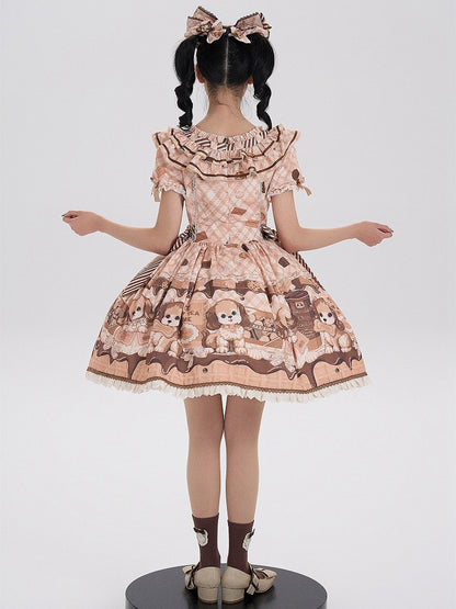 Puppy and Biscuit Print Yellow Sweet Lolita Short Sleeves Dress
