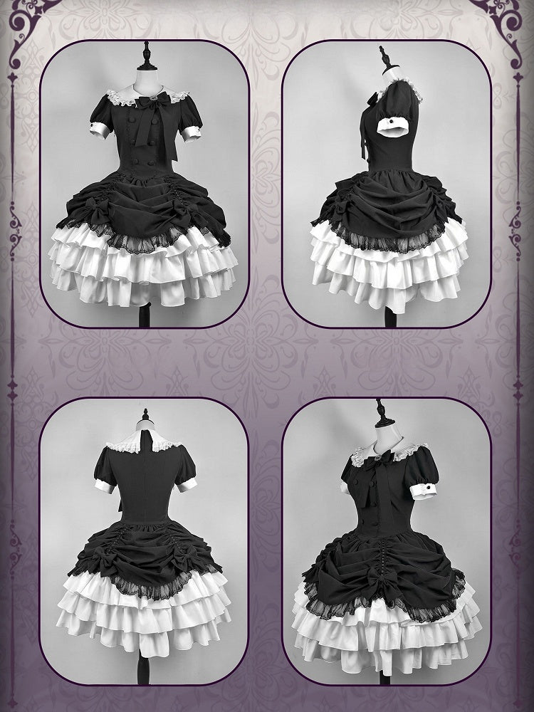 und asymmetrisches Kleid Schwarz Lolita Peter Pan Weißer Rock Stufen Gothic Ärmel Kragen Kurz