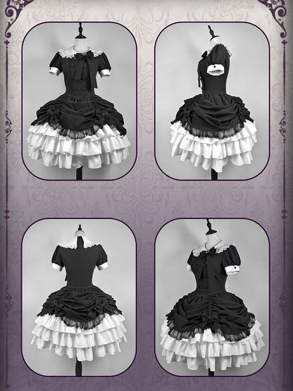 und asymmetrisches Kleid Schwarz Lolita Peter Pan Weißer Rock Stufen Gothic Ärmel Kragen Kurz