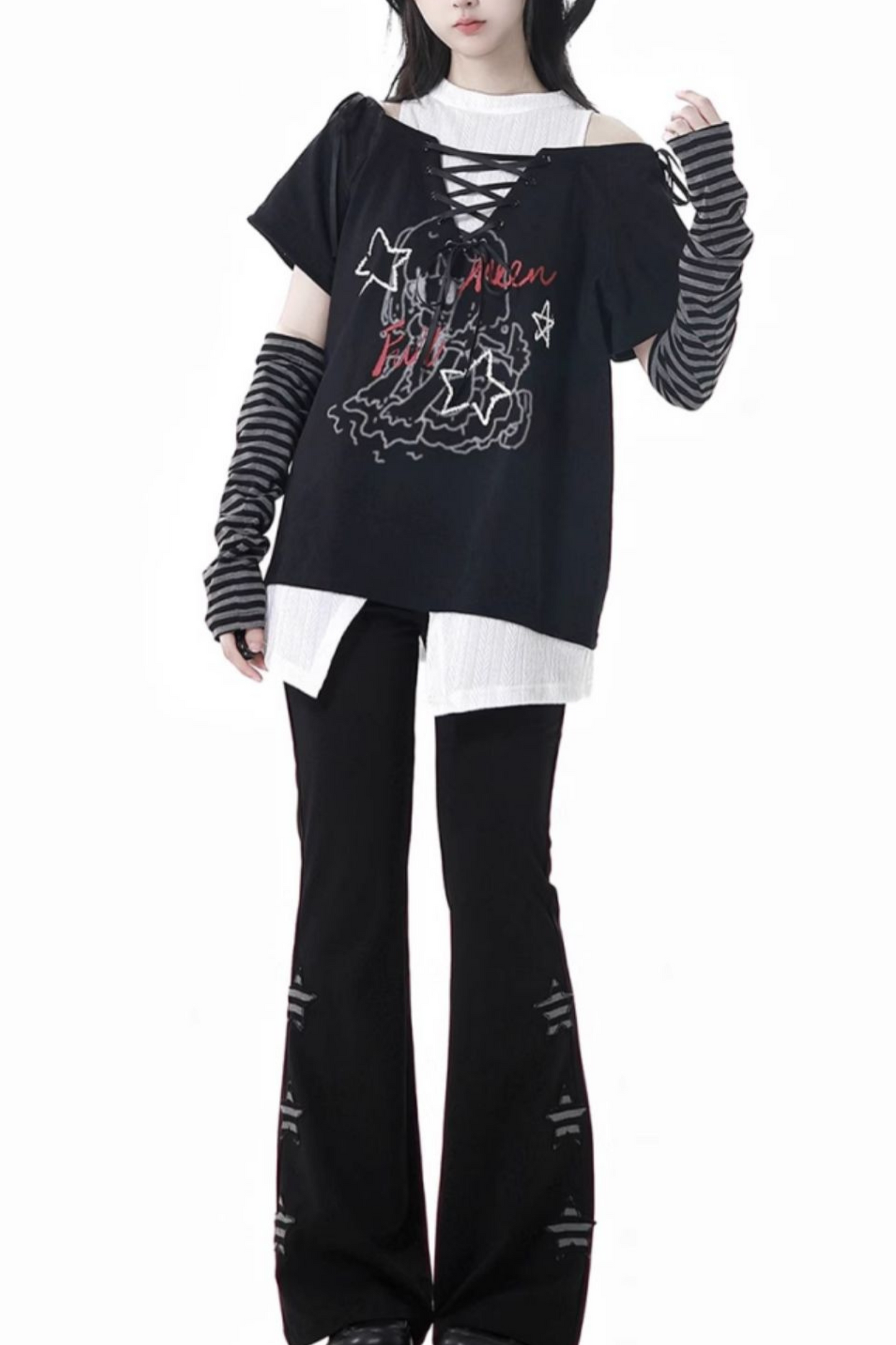 Lace-Up Flared Pants Illustrated Top Subculture + Girl