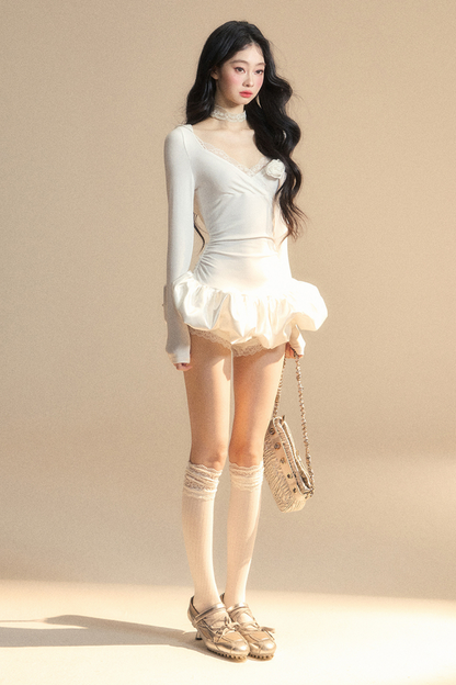 Balloon Short Lace Dress Hooded Ballet Core