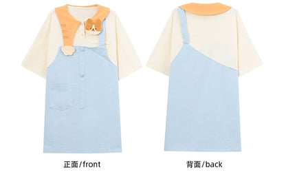 Faux Adorable Kitty Collar Blue and White Colorblock Design Dress Two-pieces