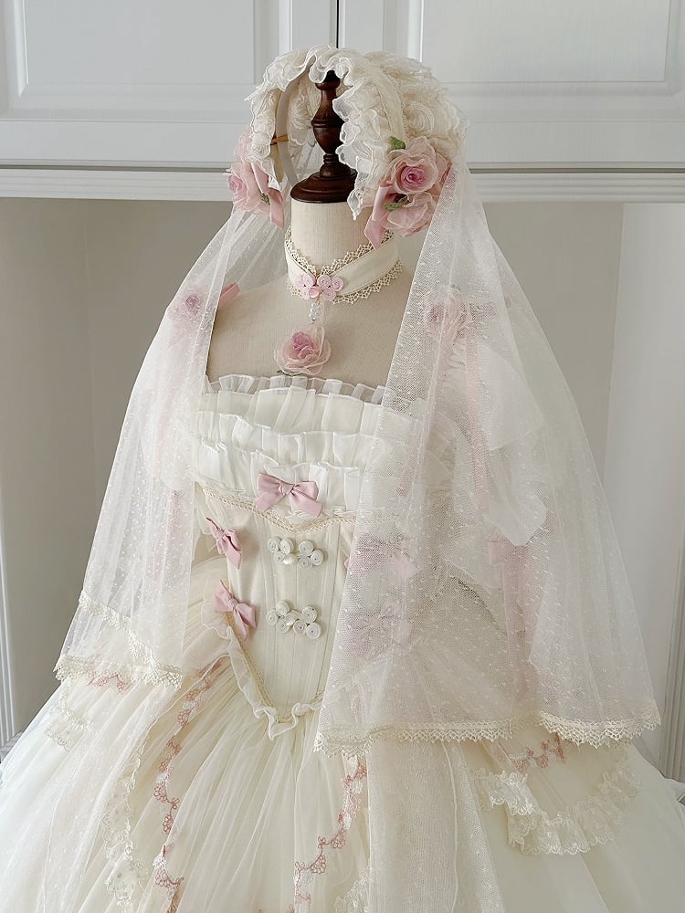 Ensemble complet Hanayome Lolita OP / avec nœuds décoratifs à la taille et basque de fée florale beige