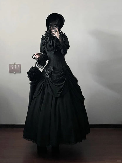 Black Boned High Waist Witch Victorian Goth Lolita Drawstring Skirt