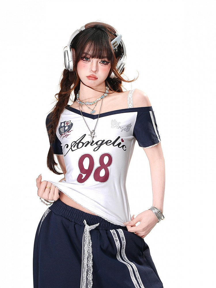Navy Blue/White Asymmetrical Neckline Cutout Shoulder Number Glamorous T-Shirt
