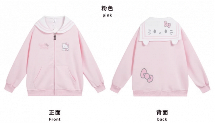 Pink/Light Blue/Grey/Black Kitty Print Sailor Collar Zip Closure Thick Sweatshirt