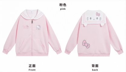 Pink/Light Blue/Grey/Black Kitty Print Sailor Collar Zip Closure Thick Sweatshirt