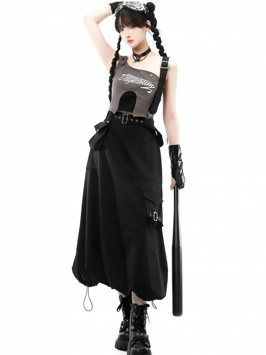 Techwear Bubble with Futuristic Black Pockets Cargo Skirt