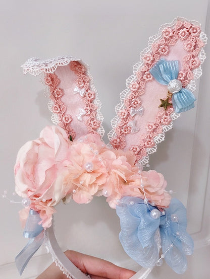 Designdetails: Ohren, süß, KC, verziert mit Blumen, Perlen, Lolita, blau-rosa, Hase, Schleife