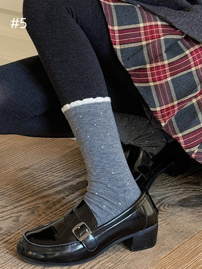Polka-dot Pattern Ruffled Cuff Calf Socks