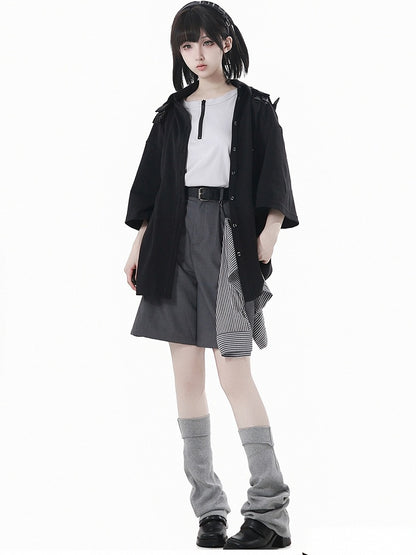and Accessory Buckle Belt Shorts with Striped Gray Casual