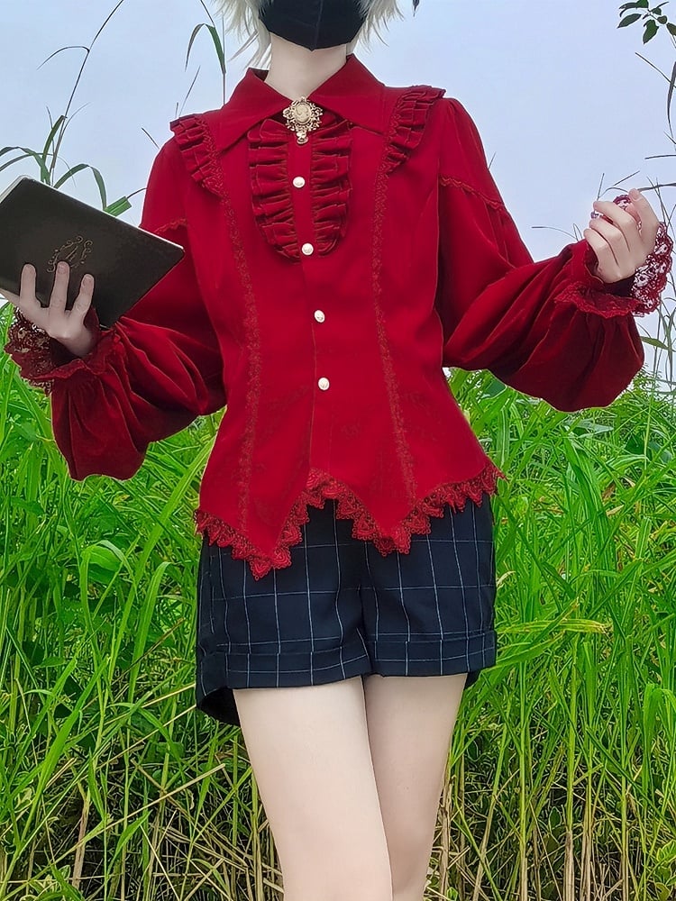 Red Elegant Pointed Collar Long Sleeves Shirt