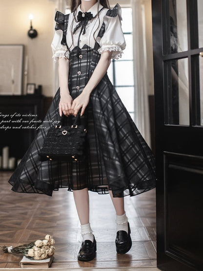 Basque with Jirai Overall Dress in Kei Black Plaid Long Waist Inverted Flutter Sleeves Version