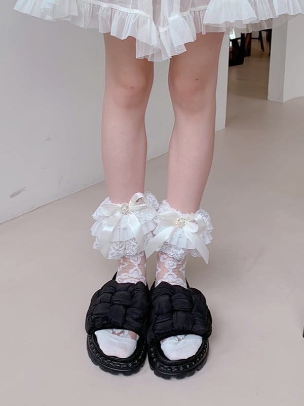 Details Socks White/Black Semi-sheer Calf Bowknot Ruffled Cuff
