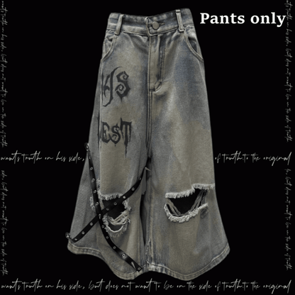 Blue Criss-cross Straps Design Distressed Holes Punk Jeans Y2K