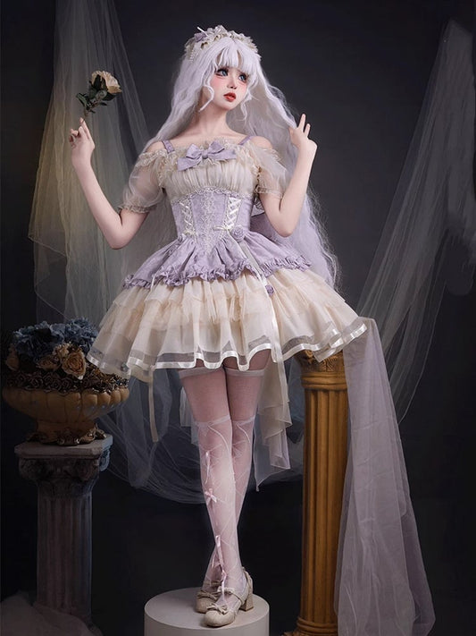 Train Beige and Purple Big Corset Sweet Lolita Balletcore Dress Waist Lace-up with Bow JSK