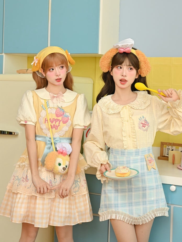 Strawberry Cake Embroidery Bow Creamy Yellow Tiered Lolita Dress Sweet Skirt Big