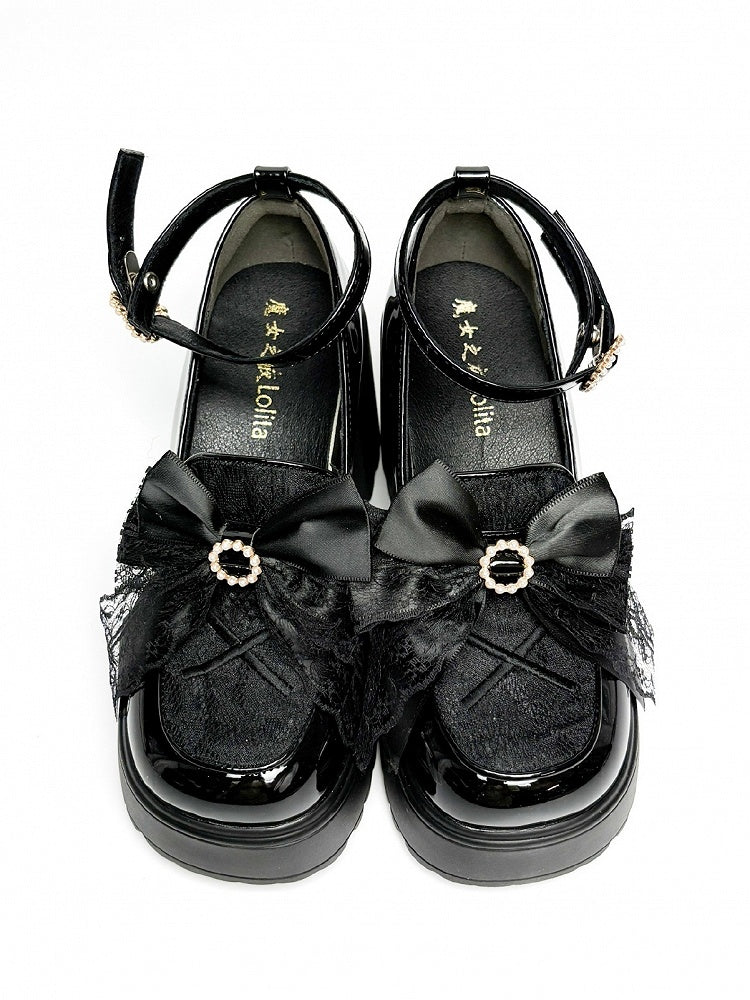 Bow High Block Kei Jirai Top Black Beaded Platform Heels Sole PU Decor with