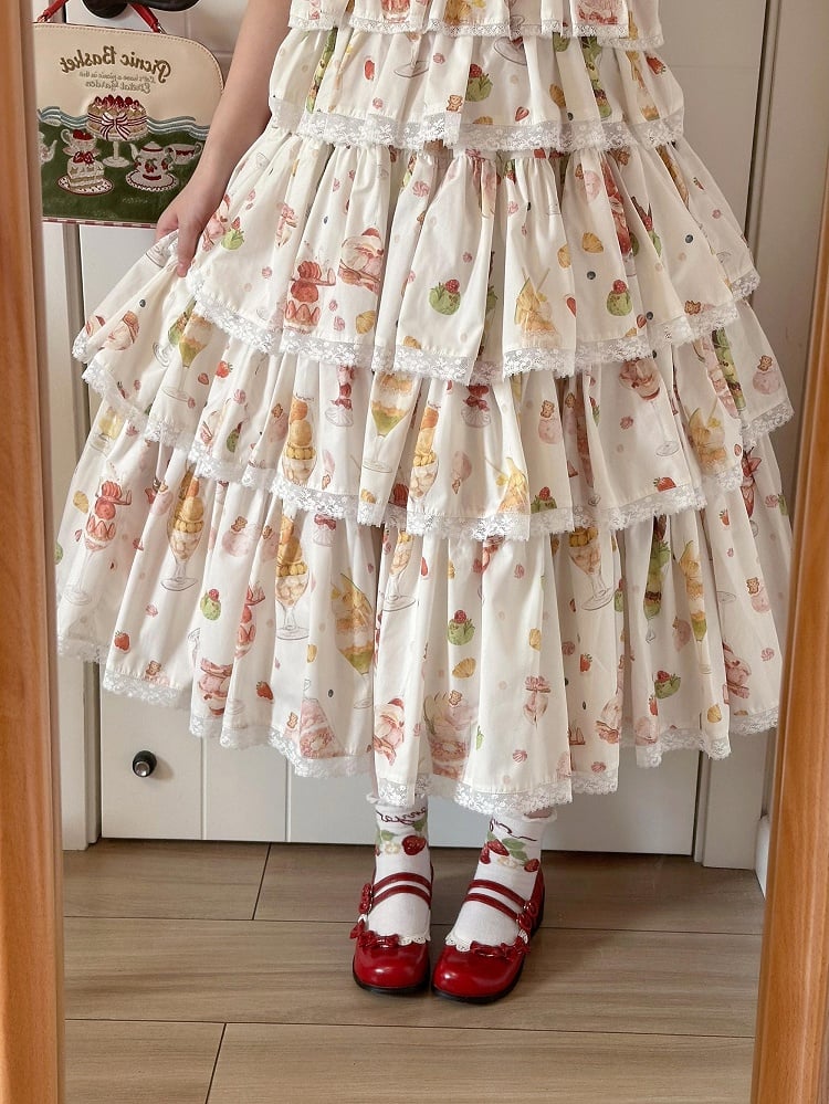 Cream Skirt Print Tiered Lolita Sweet Fruit and Dessert