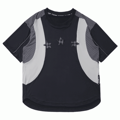 Neck Design Round Sports T-shirt Colorblock Star Appliques Plaid Black/Gray