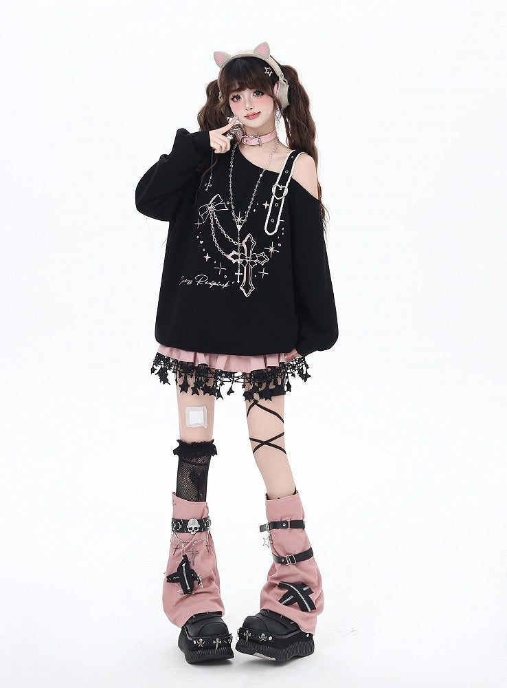 Black/Pink Asymmetrical Neckline Heart Buckle Cross Embroidered Sweatshirt