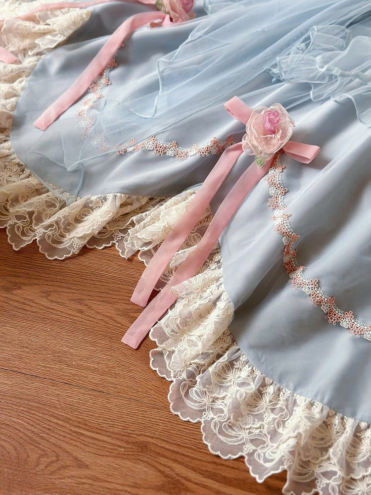 Ensemble complet Hanayome Lolita OP / taille basque bleue avec nœuds floraux