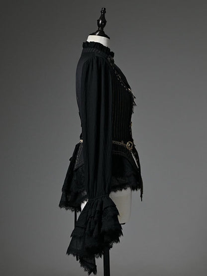 Black Ruffle Neckline Long Cuffs Sleeves Jabot Cadcading