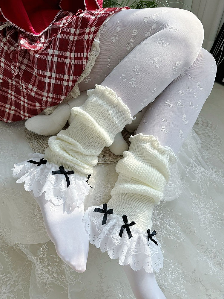 Jambières Lolita à bordure en dentelle et nœud blanc