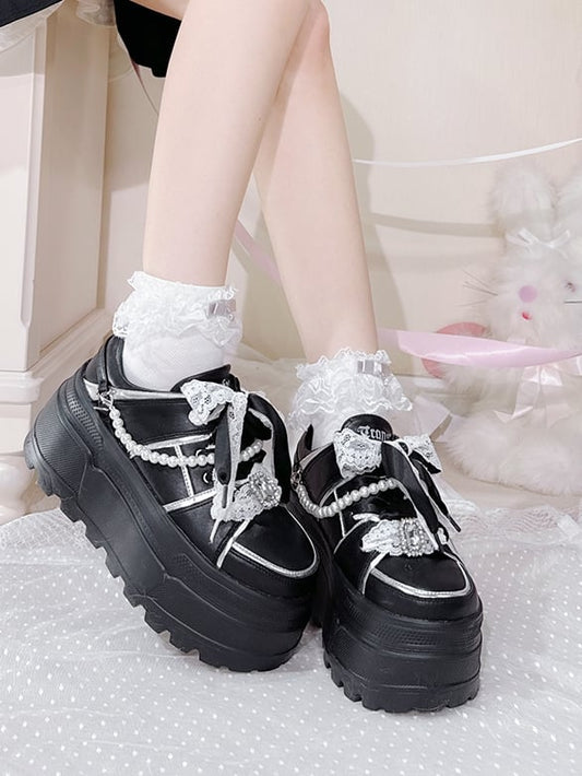 Jirai Kei Black Rhinestone Platform Shoes with Detachable Beaded Chain