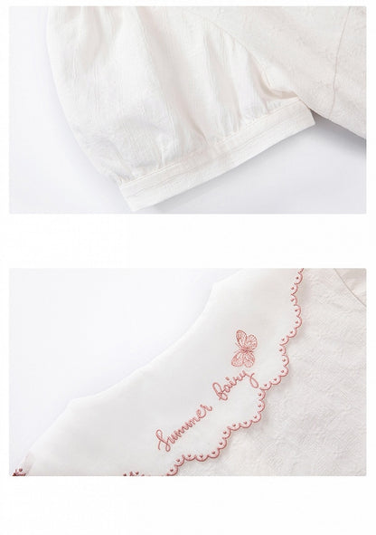 Pink Bowknot Trimmed Collar White Short Sleeves Blouse