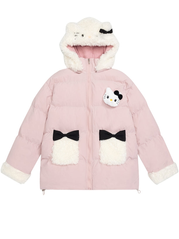 Pink/Black Kitty Adorned Hooded Puffer Jacket Plush Cuffs